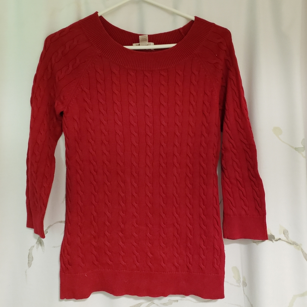 Ann Taylor Loft Red Cableknit Sweater 3/4 Sleeve